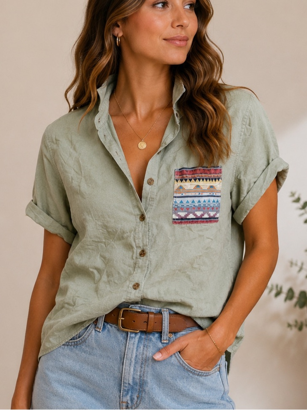 on the byas Sage Green Short-Sleeve Button-Down with Multicolor Patterned Pocket